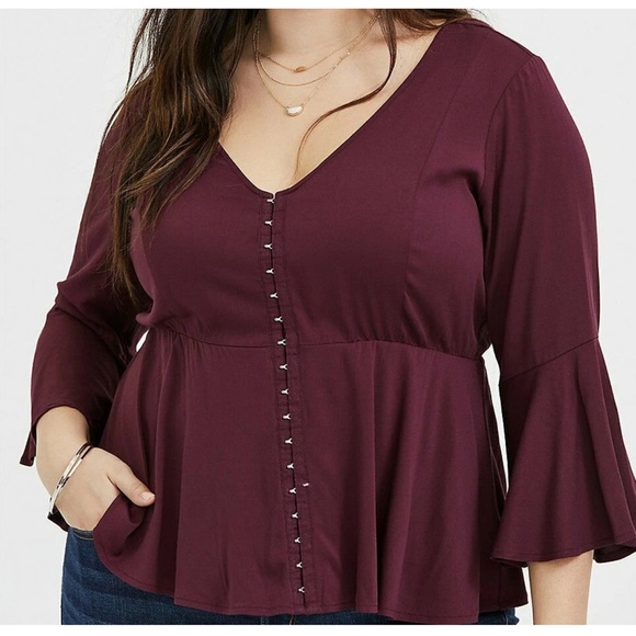 Torrid Challis Bell Sleeve Babydoll Top Burgundy Purple 2X Plus Size Flowy Boho - Picture 1 of 9